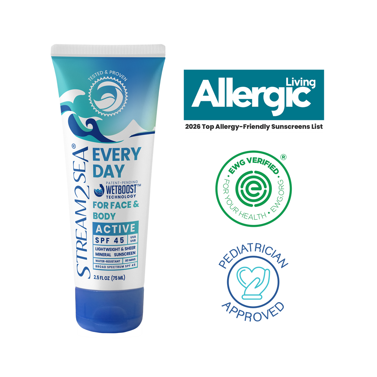 Stream2Sea Every Day Active sunscreen with EWG Verified badge