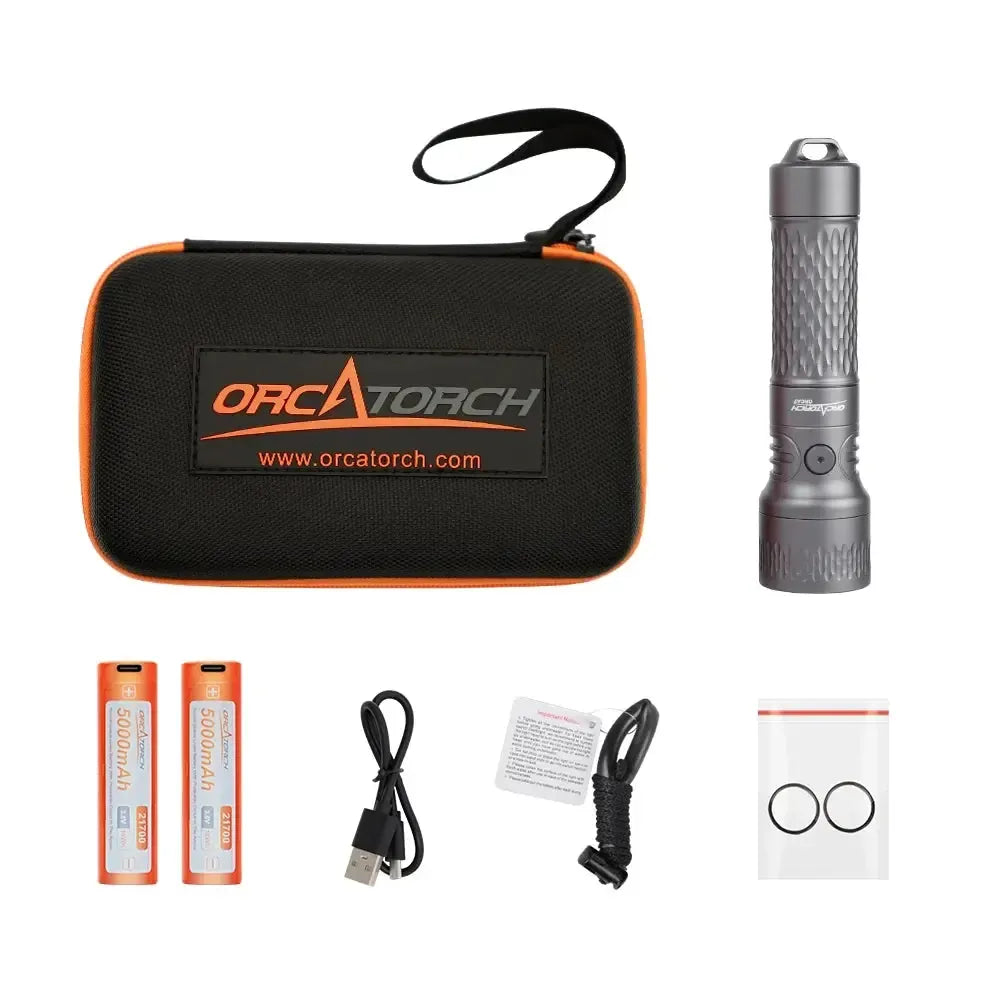 OrcaTorch Orca7 dive light in Gray with two 21700 batteries and package contents