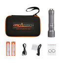 OrcaTorch Orca7 dive light in Gray with two 21700 batteries and package contents