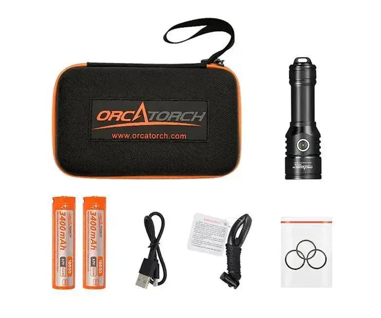 OrcaTorch D570-GL with two 18650 batteries and package contents