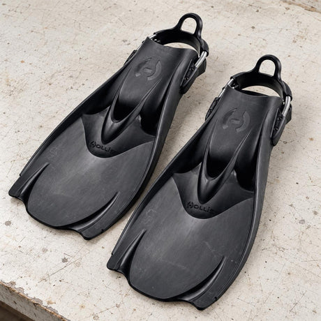 Open Box Hollis Scuba Diving F-1 Bat Fin — Black, open box, lightly used on off-white work table