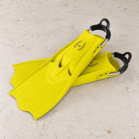 Hollis F1 LT fin pair, Yellow, lightly used open-box, original blade geometry and spring straps