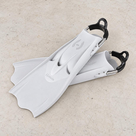 Hollis F1 LT fin pair, White, lightly used open-box, original blade geometry and spring straps