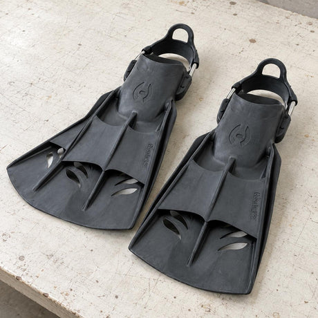 Open Box Hollis F2 Heavy Duty Open Heel Scuba Diving Fin — default, open box, lightly used on off-white work table