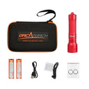 OrcaTorch Orca7 dive light in Red with two 21700 batteries and package contents