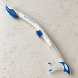 Open Box Oceanic Ultra Dry Snorkel — White/Blue, open box, lightly used on off-white work table