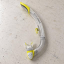 Open Box Oceanic Ultra SD Snorkel — Clear/Yellow, open box, lightly used on off-white work table