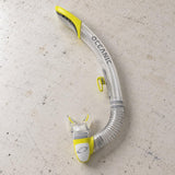 Open Box Oceanic Ultra SD Snorkel — Clear/Yellow, open box, lightly used on off-white work table