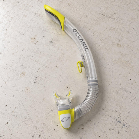 Open Box Oceanic Ultra SD Snorkel — Clear/Yellow, open box, lightly used on off-white work table