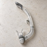 Open Box Oceanic Ultra SD Snorkel — Clear/Titanium, open box, lightly used on off-white work table