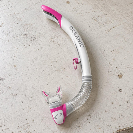 Open Box Oceanic Ultra SD Snorkel — White/Pink, open box, lightly used on off-white work table