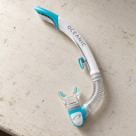 Open Box Oceanic Ultra SD Snorkel — White/Sea Blue, open box, lightly used on off-white work table