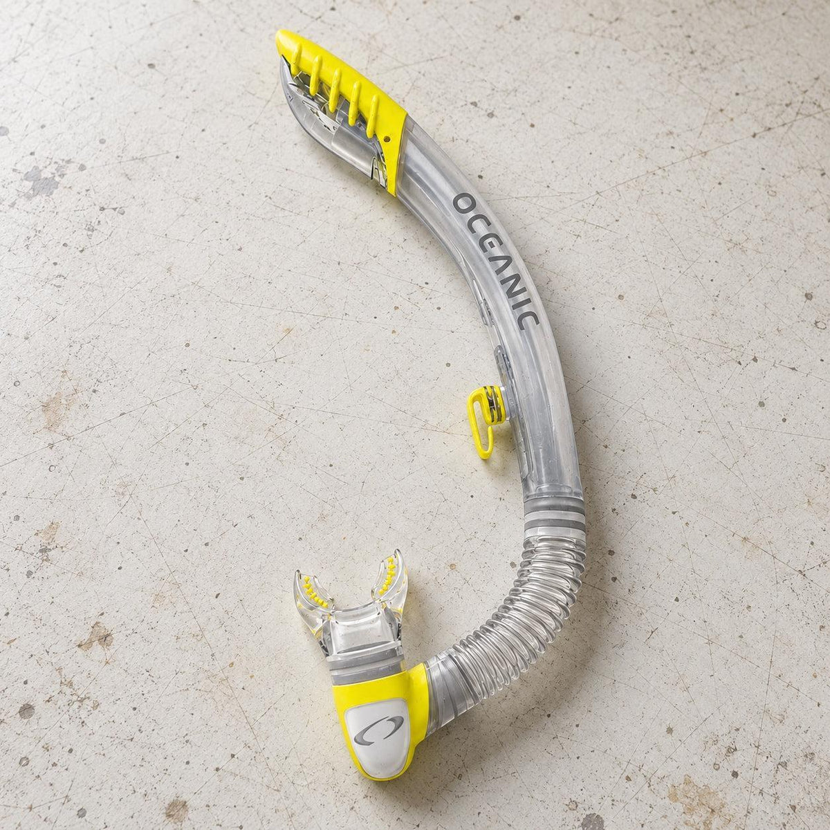 Open Box Oceanic Ultra Dry 2 Snorkel — Clear/Yellow, open box, lightly used on off-white work table