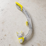 Open Box Oceanic Ultra Dry 2 Snorkel — Clear/Yellow, open box, lightly used on off-white work table