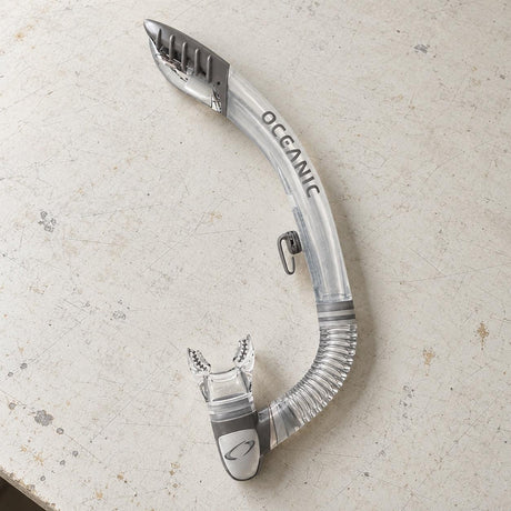 Open Box Oceanic Ultra Dry 2 Snorkel — Clear/Titanium, open box, lightly used on off-white work table