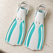 Open Box Oceanic Viper 2 OH Fin — White/Aqua, open box, lightly used on off-white work table