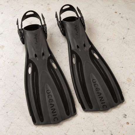Open Box Oceanic Viper 2 OH Fin — Black/Black, open box, lightly used on off-white work table