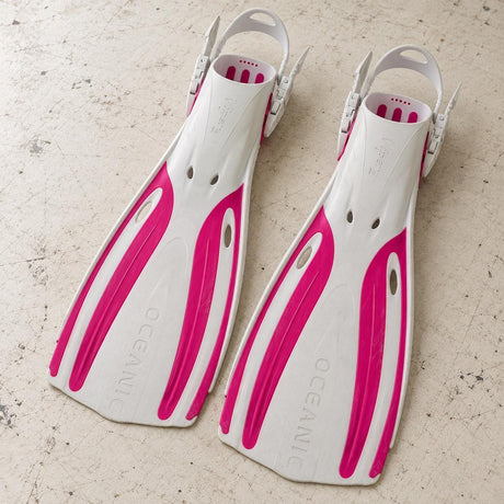 Open Box Oceanic Viper 2 OH Fin — White/Pink, open box, lightly used on off-white work table