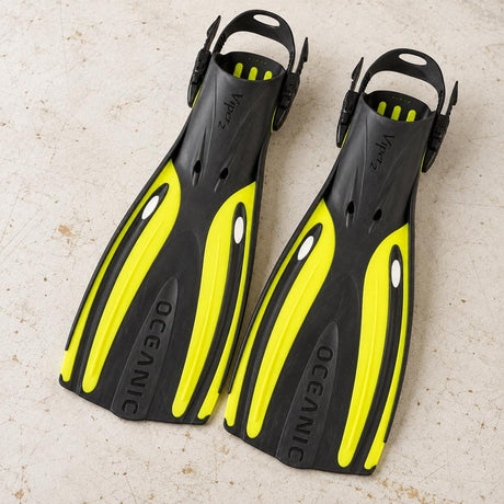 Open Box Oceanic Viper 2 OH Fin — Neon Yellow/Black, open box, lightly used on off-white work table