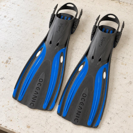 Open Box Oceanic Viper 2 OH Fin — Blue/Black, open box, lightly used on off-white work table