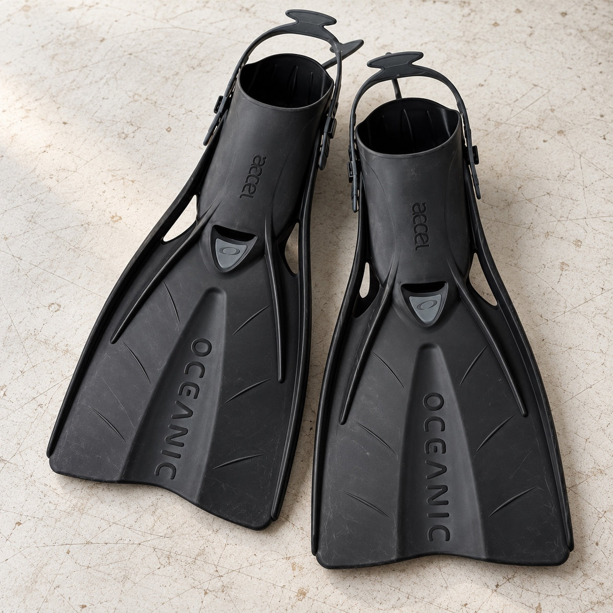 Open Box Oceanic Accel Fin — Black, open box, lightly used on off-white work table