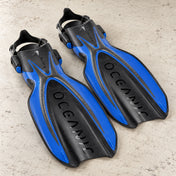 Open Box Oceanic Manta Ray Fin — Blue/Black, open box, lightly used on off-white work table