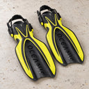 Open Box Oceanic Manta Ray Fin — Yellow/Black, open box, lightly used on off-white work table