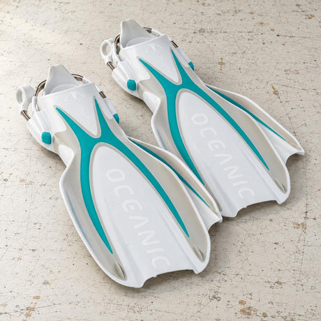 Open Box Oceanic Manta Ray Fin — Sea Blue/White, open box, lightly used on off-white work table