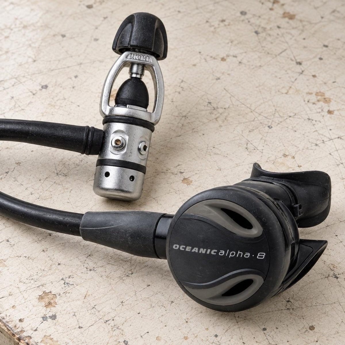 Open Box Oceanic Alpha 8 Sport Yoke Regulator Set — default, open box, lightly used on off-white work table