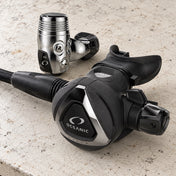 Open Box Oceanic Delta 5 + EDX Dive Regulator Set — BLACK, open box, lightly used on off-white work table