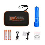 OrcaTorch Orca7 dive light in Blue with two 21700 batteries and package contents