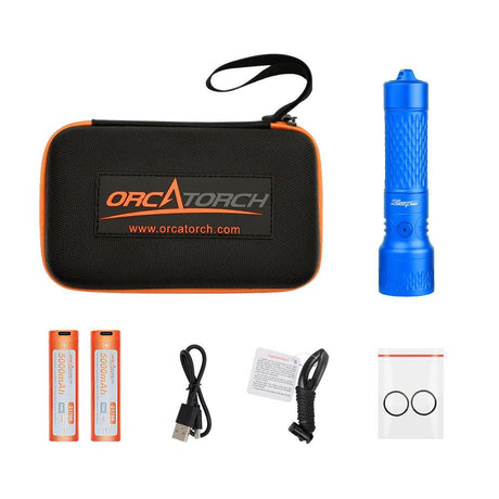 OrcaTorch Orca7 dive light in Blue with two 21700 batteries and package contents