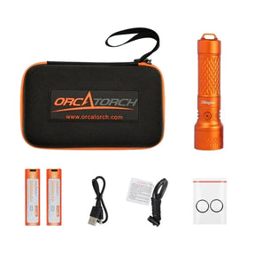 OrcaTorch Orca7 dive light in Orange with two 21700 batteries and package contents