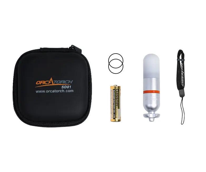 OrcaTorch SD01 PRO dive beacon with package contents