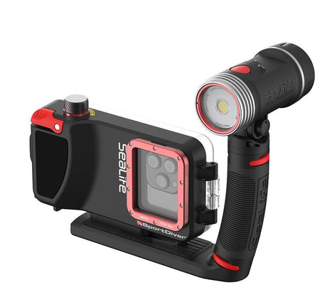 SeaLife SportDiver housing with Sea Dragon 2300F light, angled view