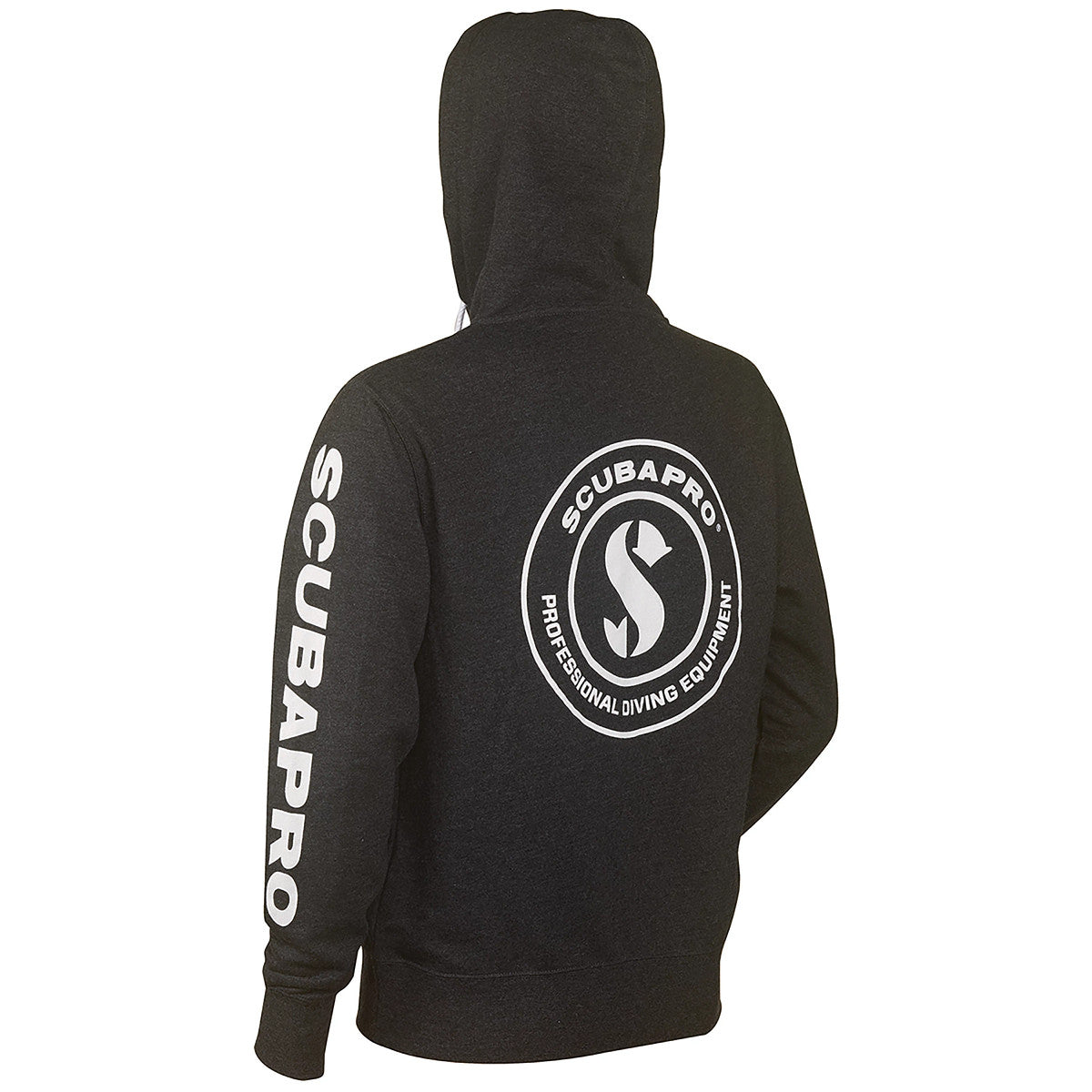 Scubapro Zip Up Hoodie - Gray, back view with SCUBAPRO Professional Diving Equipment logo and sleeve print