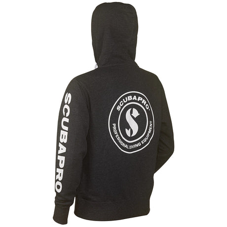Scubapro Zip Up Hoodie - Gray, back view with SCUBAPRO Professional Diving Equipment logo and sleeve print