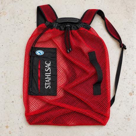 Open Box Stahlsac Panama Mesh Backpack — Red — open-box overhead flat lay