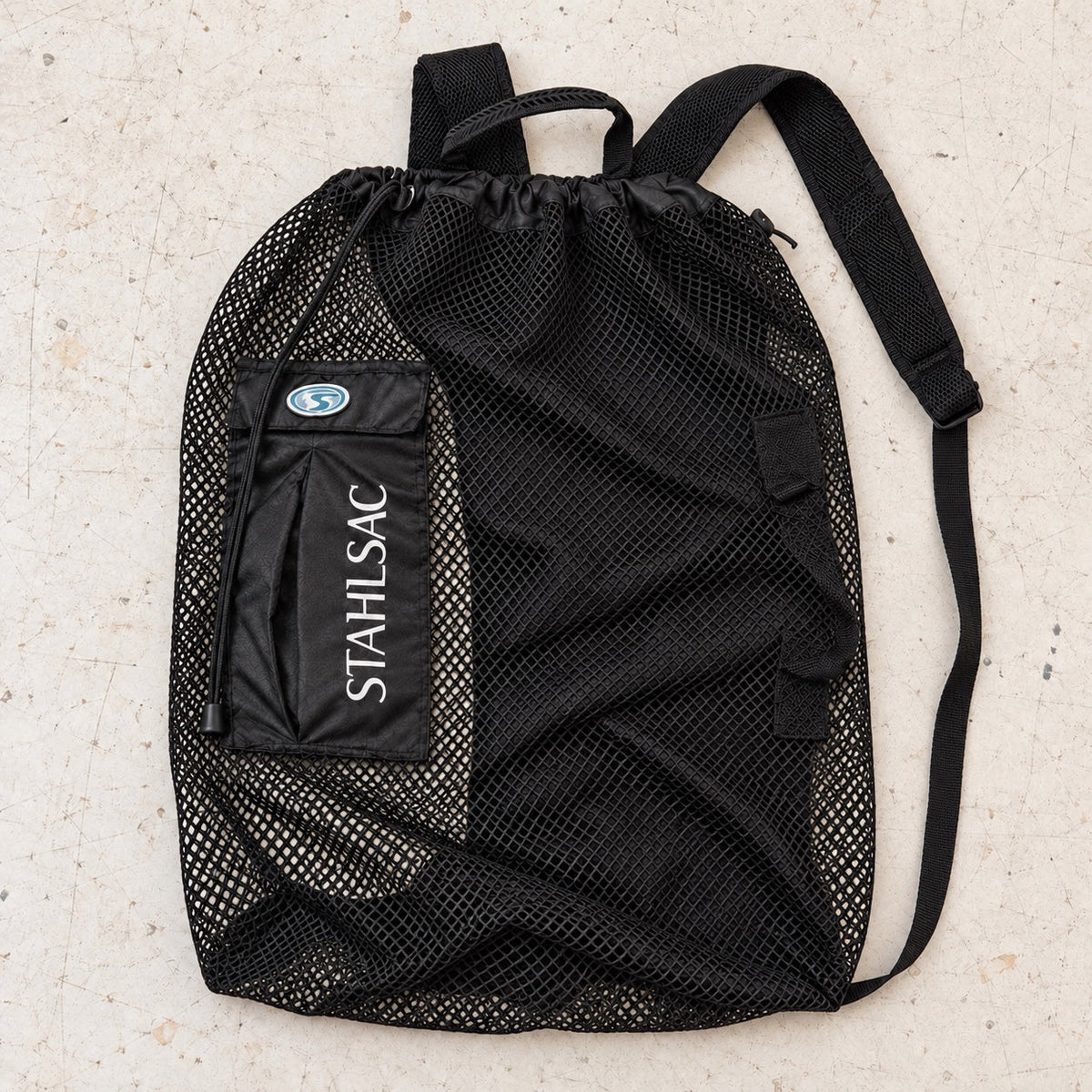 Open Box Stahlsac Bonaire Mesh Backpack — Black — open-box overhead flat lay