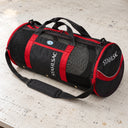 Open Box Stahlsac 26 Mesh Duffle — Red, open box, lightly used on off-white work table