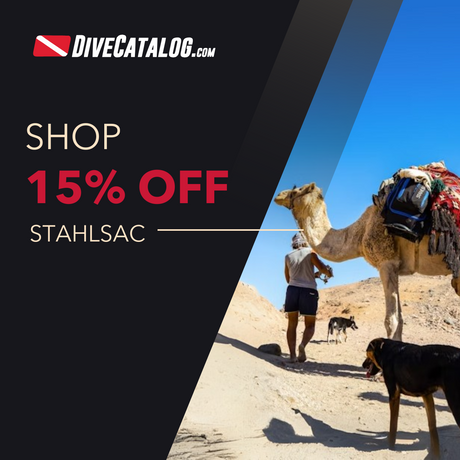 Promotional banner for DiveCatalog.com with a person interacting with a camel in a desert setting.