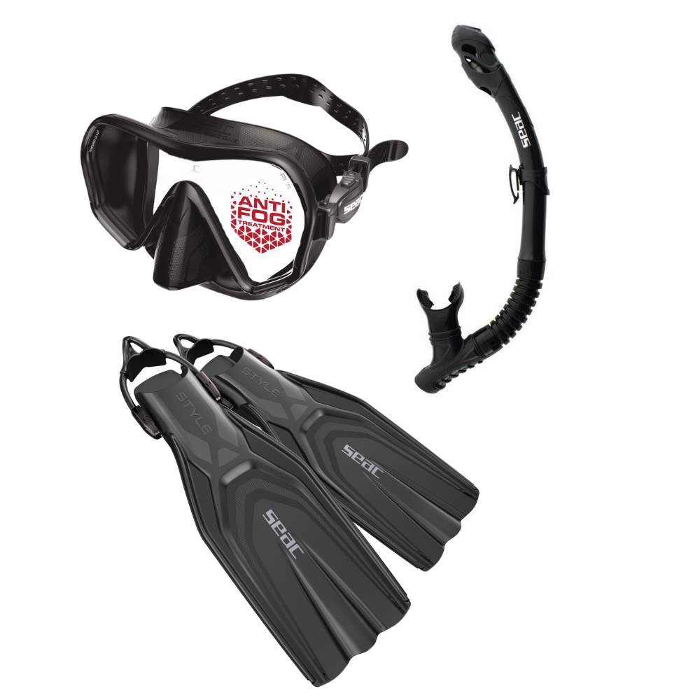 Seac Pura Anti Fog Dive Mask with Reverse Dry Snorkel & Pinne Sling Strap Fins Set
