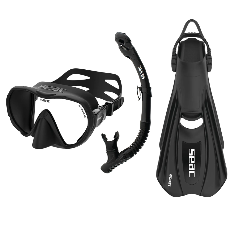 Seac X-Frame Frameless Diving Mask with Reverse Dry Snorkel & Boost Fins Set