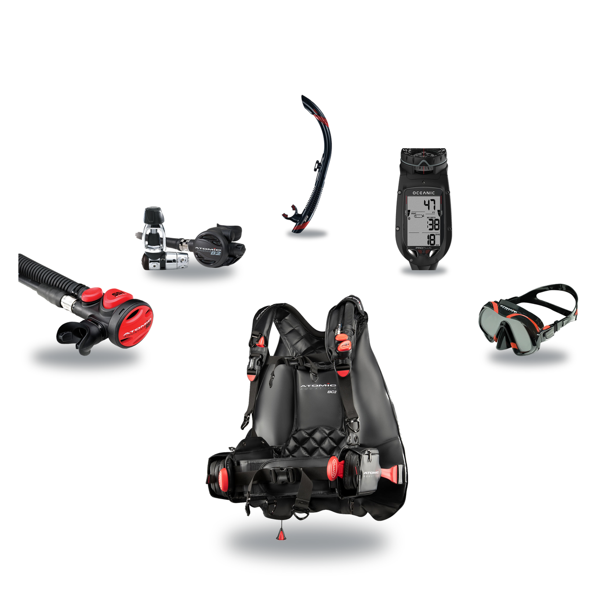 Atomic Aquatics Elite Scuba Package – BC2 BCD + B2 Regulator + SS1 Octo + ProPlus 4.0 Computer + Venom Mask & SV2 Snorkel —…