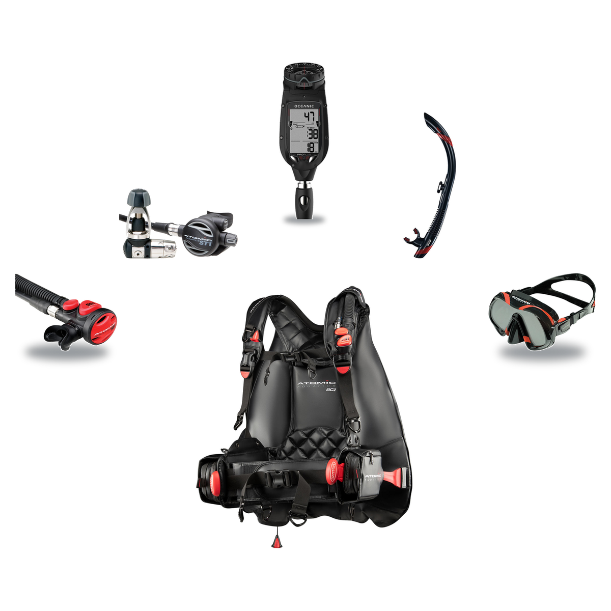 Atomic Aquatics Elite Scuba Package – BC2 BCD + B2 Regulator + SS1 Octo + ProPlus 4.0 Computer + Venom Mask & SV2 Snorkel —…