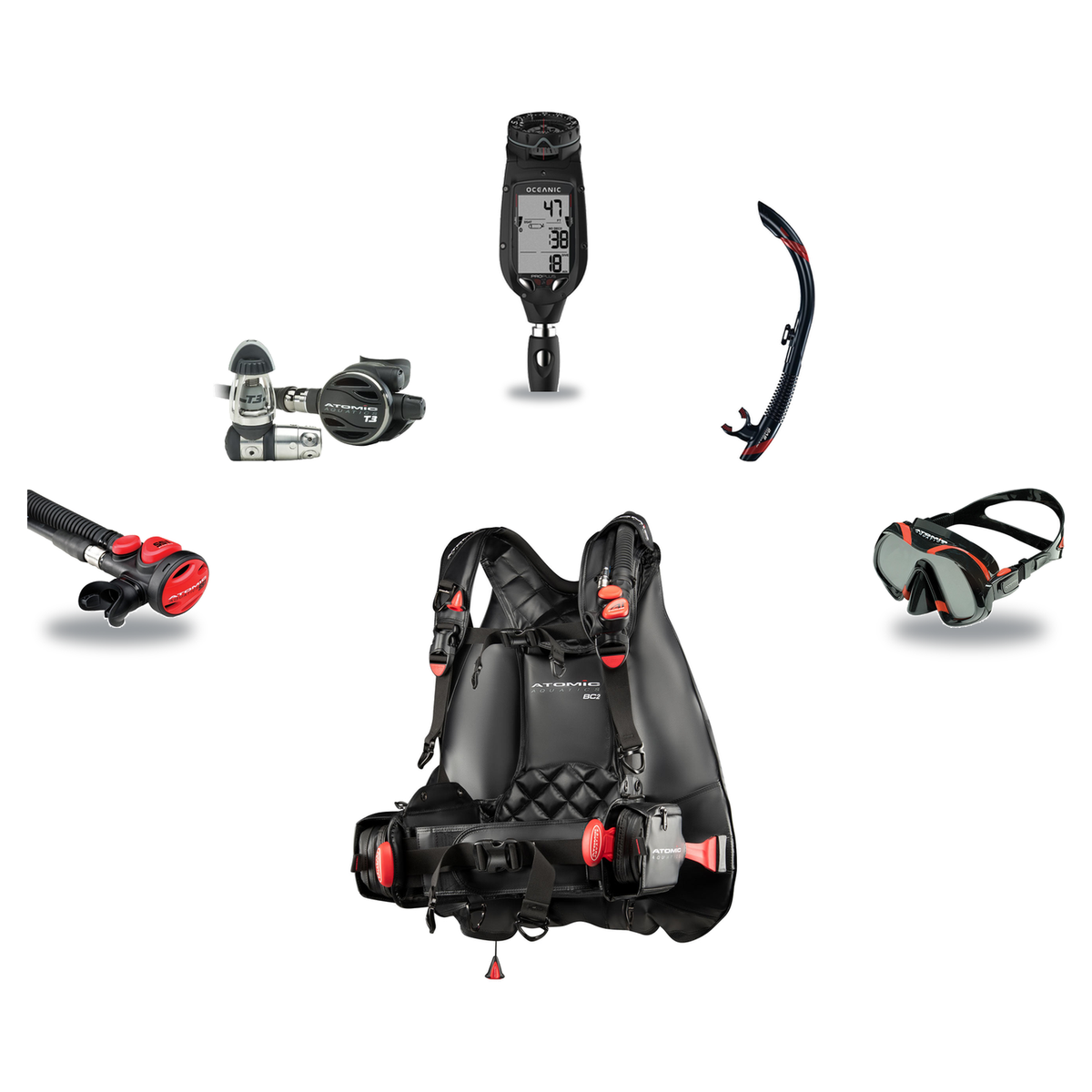 Atomic Aquatics Elite Scuba Package – BC2 BCD + B2 Regulator + SS1 Octo + ProPlus 4.0 Computer + Venom Mask & SV2 Snorkel —…