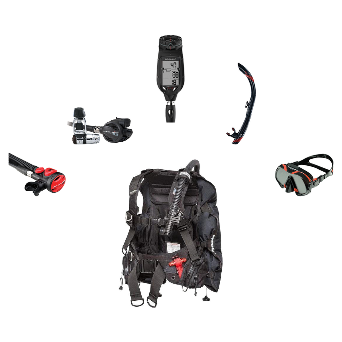 Atomic Aquatics Elite Scuba Package – BC2 BCD + B2 Regulator + SS1 Octo + ProPlus 4.0 Computer + Venom Mask & SV2 Snorkel —…