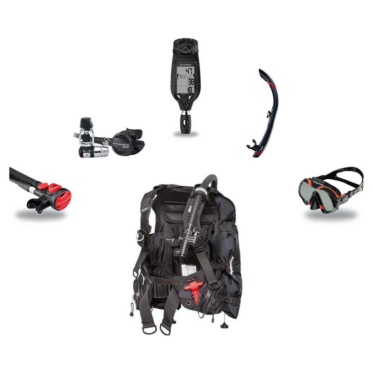 Atomic Aquatics Elite Scuba Package – BC2 BCD + B2 Regulator + SS1 Octo + ProPlus 4.0 Computer + Venom Mask & SV2 Snorkel —…