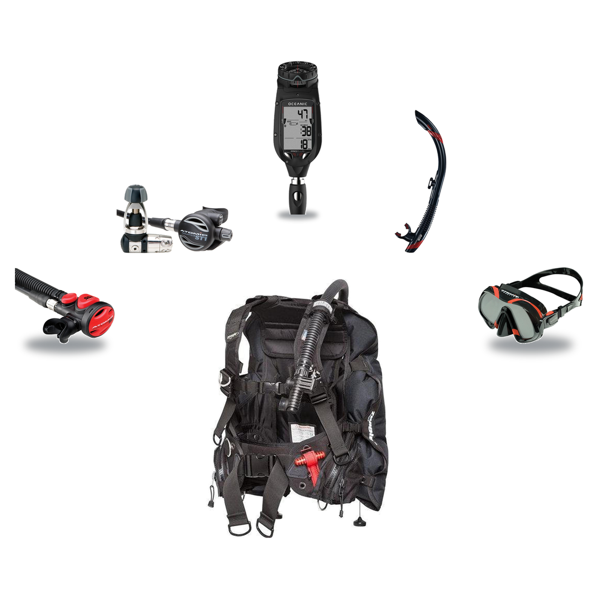 Atomic Aquatics Elite Scuba Package – BC2 BCD + B2 Regulator + SS1 Octo + ProPlus 4.0 Computer + Venom Mask & SV2 Snorkel —…
