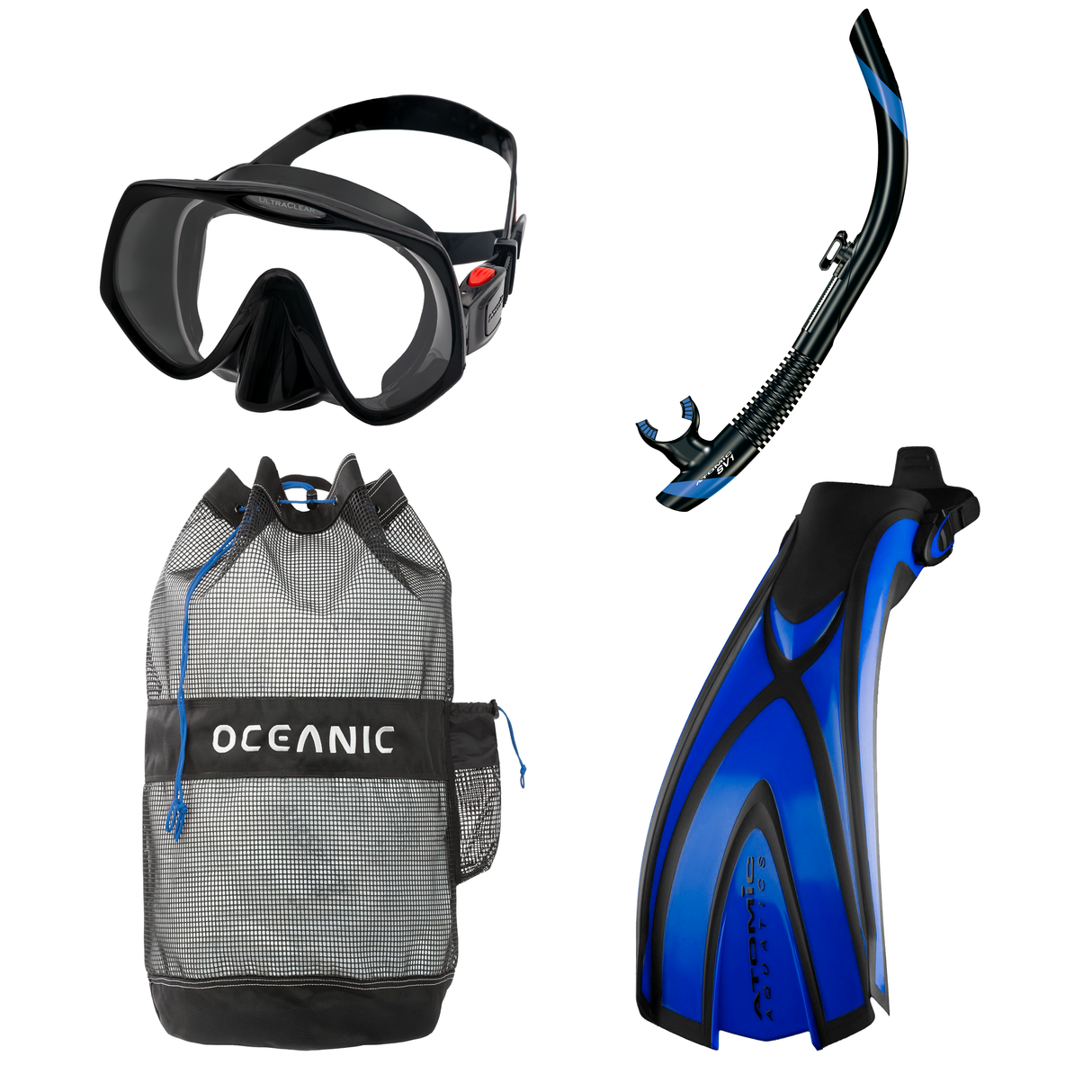Atomic Frameless Dive Mask + Atomic SV1 Snorkel + Oceanic Mesh Dive Backpack